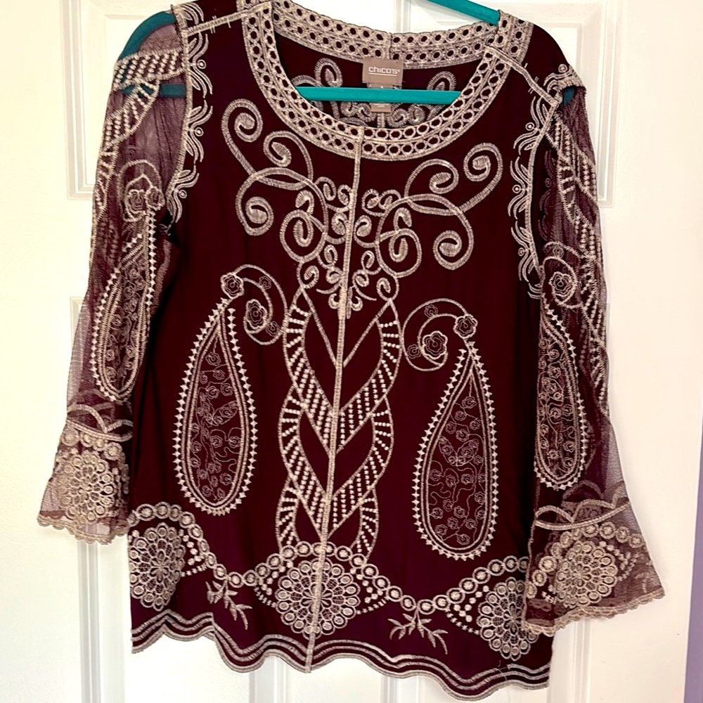 Chico's Red Embellished Blouse with 3/4 Sleeves